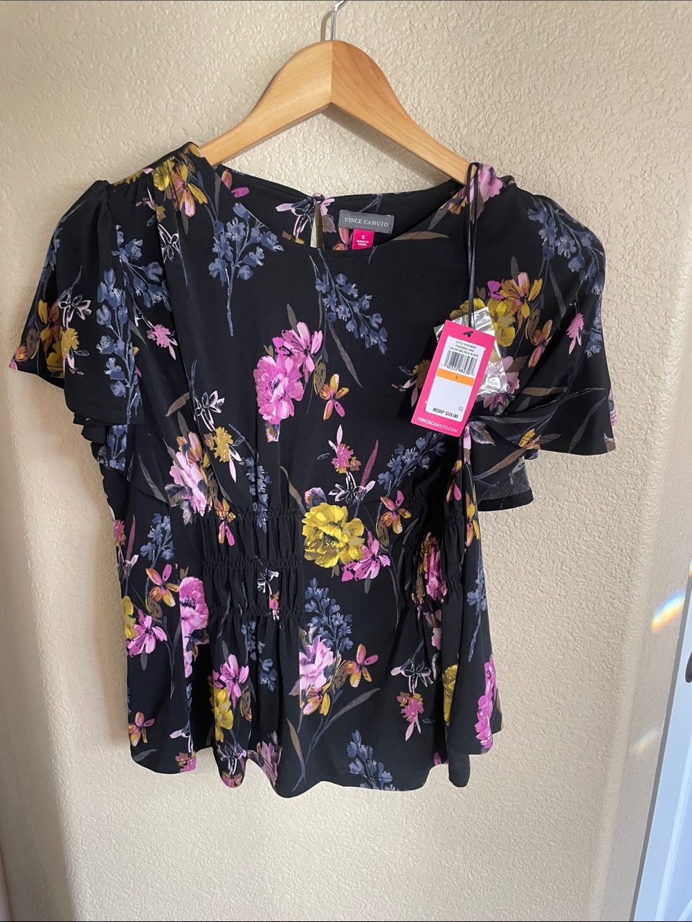 Vince Camuto Women’s Black Floral Ruffle Sleeve Top with Smocked Waist Size S